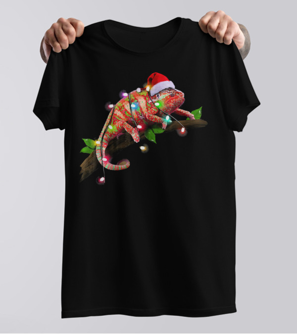 Chameleon Wrapped In Christmas Lights With Santa Hat T-Shirt