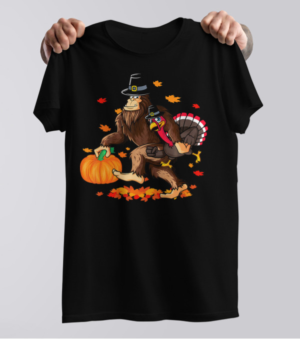 Funny Bigfoot Thanksgiving Pilgrim Turkey Holding Pumpkin With Autumn Leaves T-Shirt