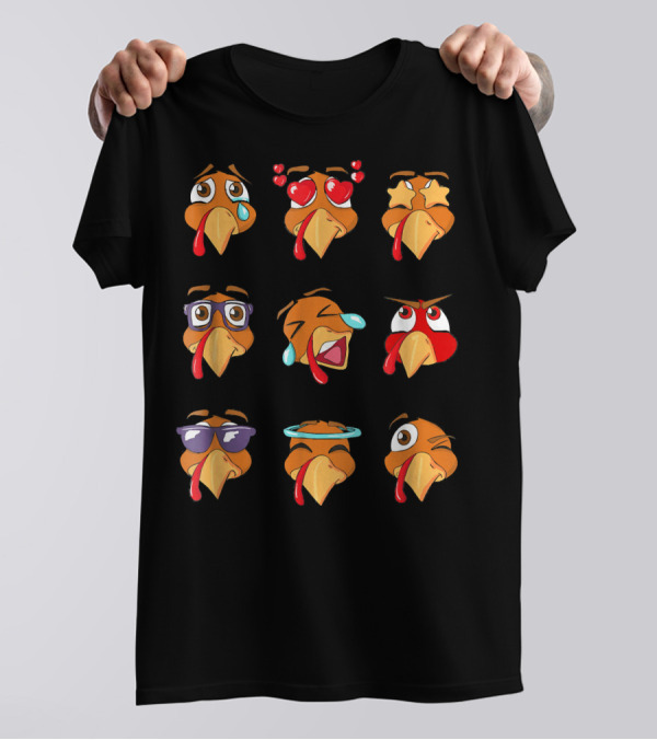 Funny Turkey Emoji Faces Tears Love Stars Glasses Halo Winking T-Shirt