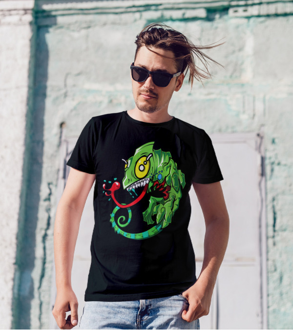 Funny Green Chameleon Monster Lizard With Red Tongue And Big Yellow Eyes T-Shirt