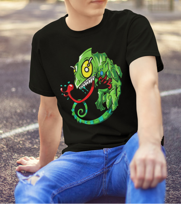 Funny Green Chameleon Monster Lizard With Red Tongue And Big Yellow Eyes T-Shirt
