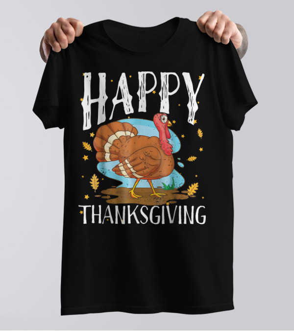 Happy Thanksgiving Funny Turkey With Autumn Leaves And Stars T-Shirt