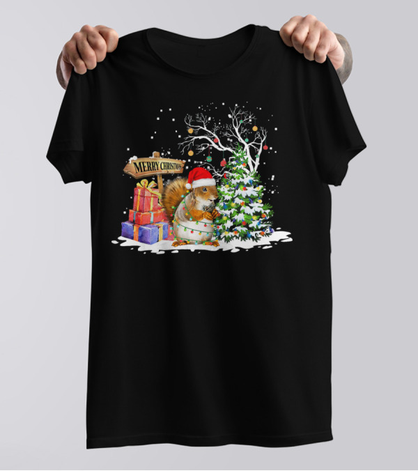 Merry Christmas Funny Squirrel Santa With Gifts And Tree T-Shirt
