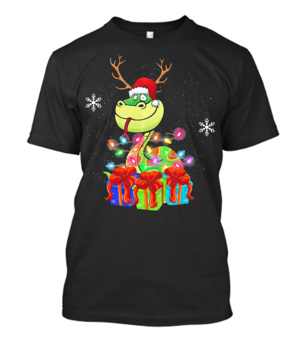 Funny Python Snake With Santa Hat Reindeer Antlers And Christmas Lights T-Shirt