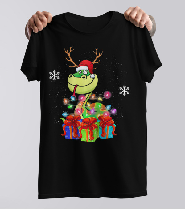 Funny Python Snake With Santa Hat Reindeer Antlers And Christmas Lights T-Shirt