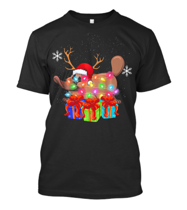 Funny Platypus Christmas Lights With Santa Hat And Presents T-Shirt
