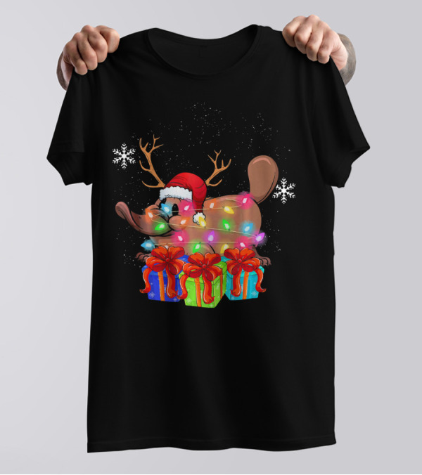 Funny Platypus Christmas Lights With Santa Hat And Presents T-Shirt