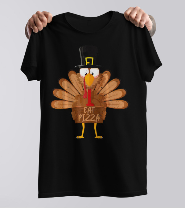 Thanksgiving Funny Turkey Eat Pizza In Pilgrim Hat T-Shirt