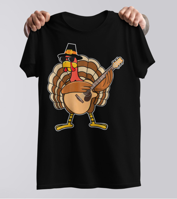 Turkey With Sunglasses And Pilgrim Hat Playing Guitar T-Shirt