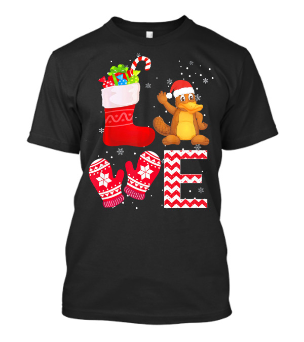 Funny Christmas Platypus Lover Santa Stocking And Mittens T-Shirt