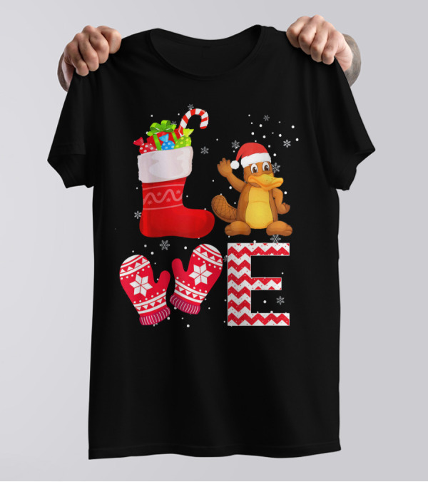 Funny Christmas Platypus Lover Santa Stocking And Mittens T-Shirt