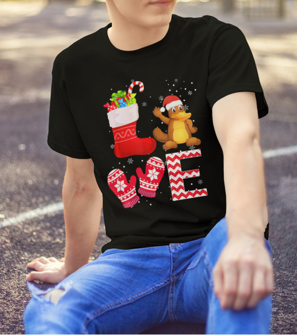 Funny Christmas Platypus Lover Santa Stocking And Mittens T-Shirt