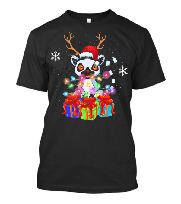 Funny Lemur With Christmas Xmas Lights Reindeer Antlers Santa Hat Snowflakes Gift Boxes T-Shirt