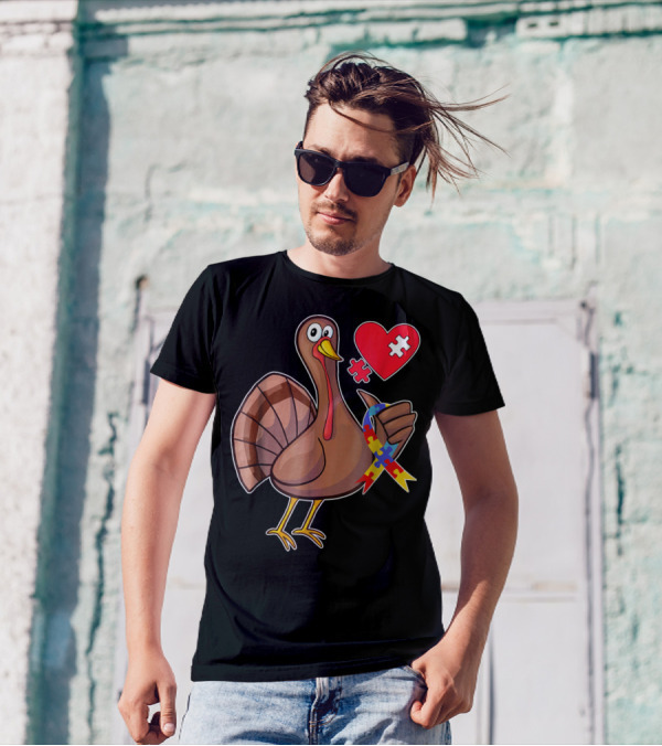 Thanksgiving Turkey With Autism Awareness Puzzle Ribbon And Heart T-Shirt