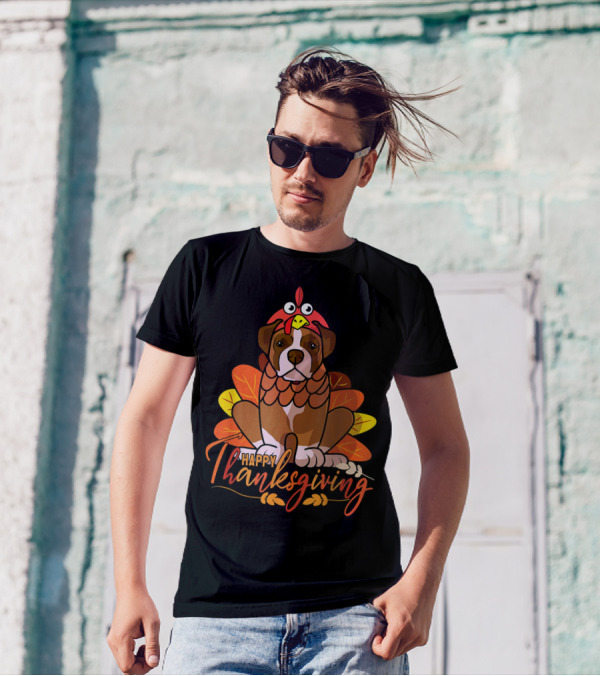 Happy Thanksgiving Boxer Dog In Turkey Costume With Autumn Leaves T-Shirt