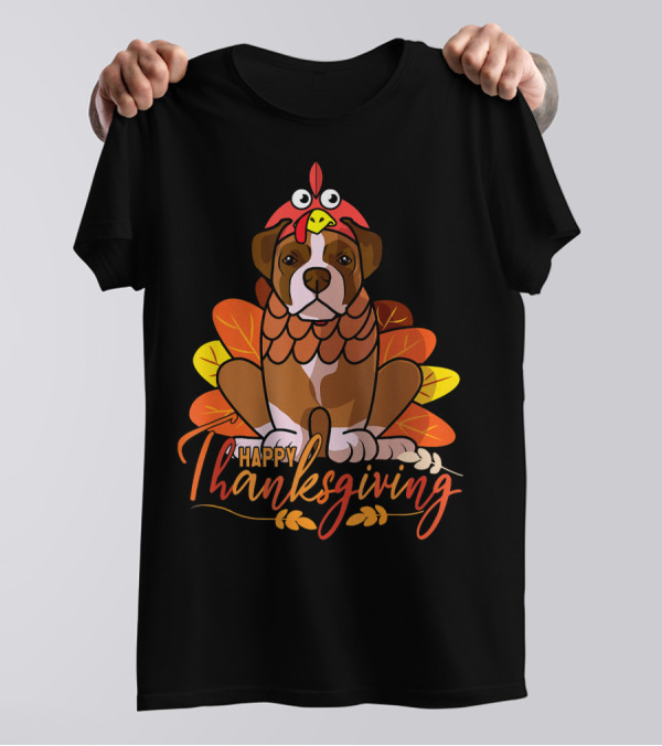 Happy Thanksgiving Boxer Dog In Turkey Costume With Autumn Leaves T-Shirt