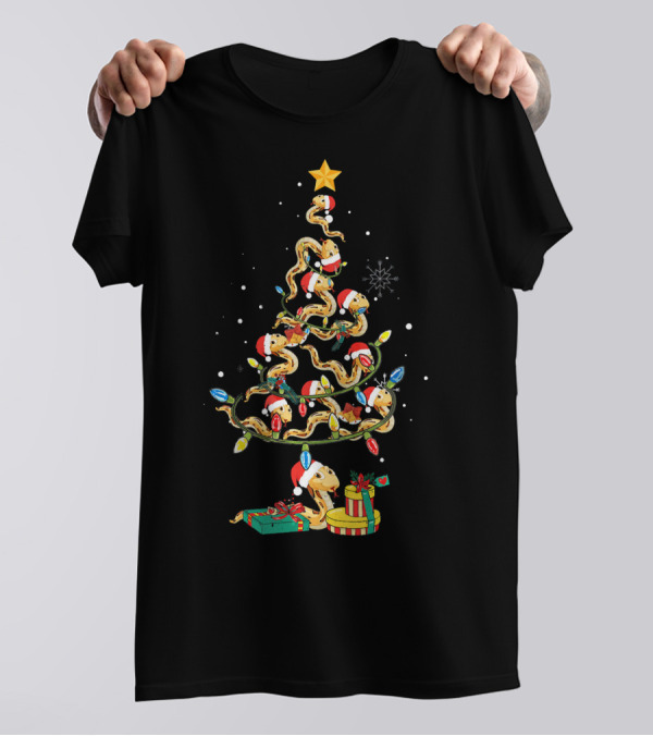 Python Snake Christmas Tree With Santa Hats And Colorful Lights T-Shirt