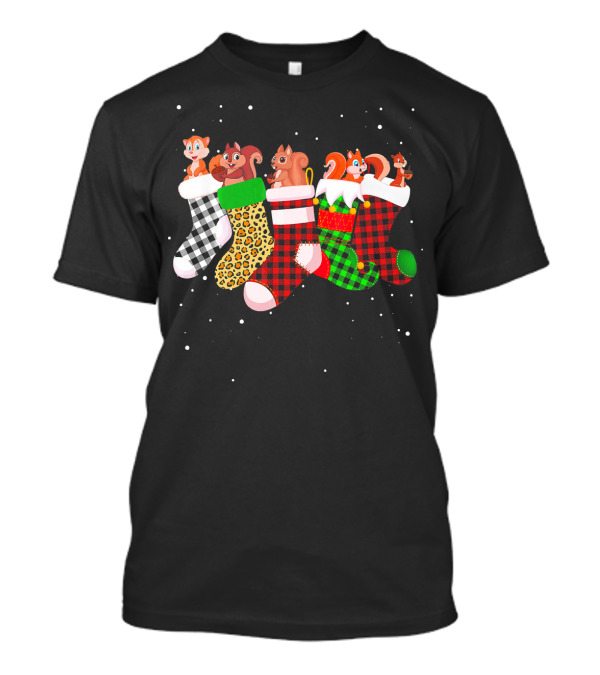 Squirrels With Christmas Pattern Stockings And Snowflakes T-Shirt