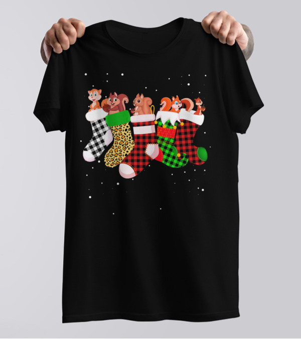 Squirrels With Christmas Pattern Stockings And Snowflakes T-Shirt