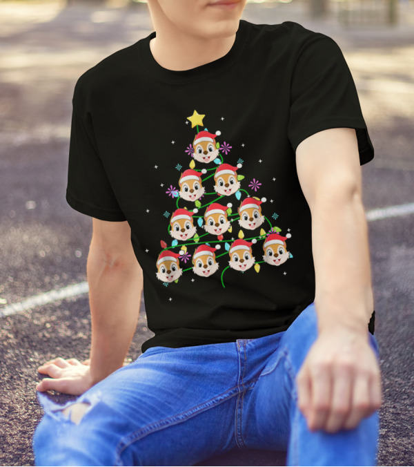 Funny Squirrel Holiday Tree With Christmas Lights And Santa Hats T-Shirt