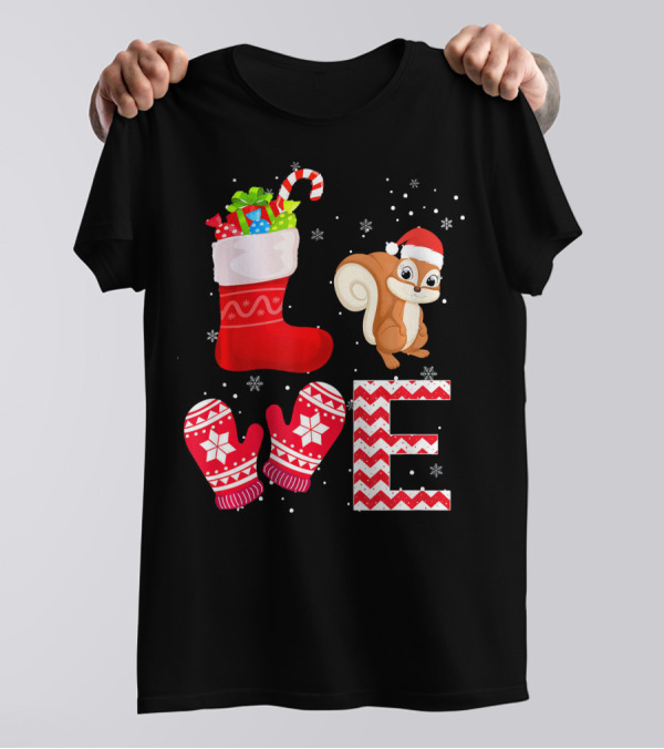 Funny Christmas Squirrel Lover Festive Holiday Snowflake Stocking Mittens T-Shirt
