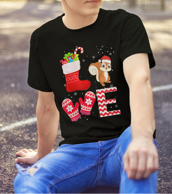 Funny Christmas Squirrel Lover Festive Holiday Snowflake Stocking Mittens T-Shirt