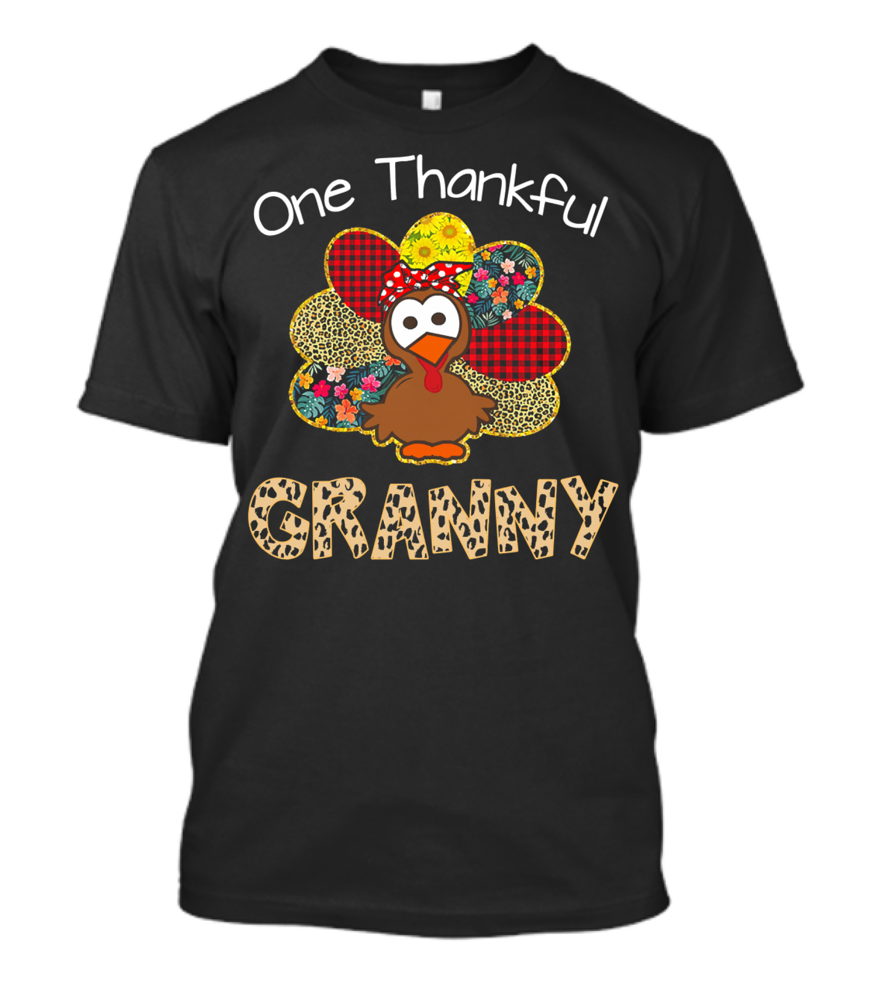 One Thankful Granny Turkey With Floral And Plaid T-Shirt