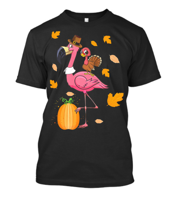 Funny Thanksgiving Turkey Riding Flamingo With Pumpkin And Autumn Leaves T-Shirt