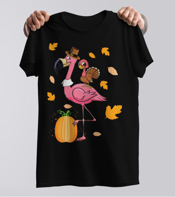 Funny Thanksgiving Turkey Riding Flamingo With Pumpkin And Autumn Leaves T-Shirt