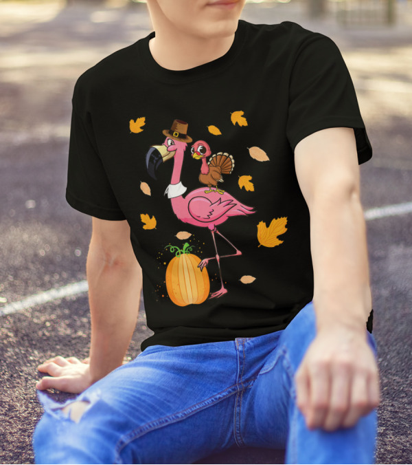 Funny Thanksgiving Turkey Riding Flamingo With Pumpkin And Autumn Leaves T-Shirt