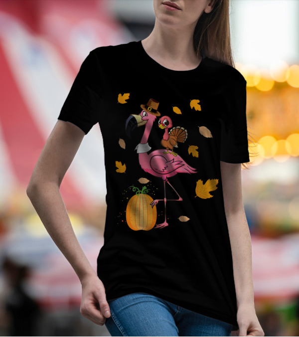 Funny Thanksgiving Turkey Riding Flamingo With Pumpkin And Autumn Leaves T-Shirt
