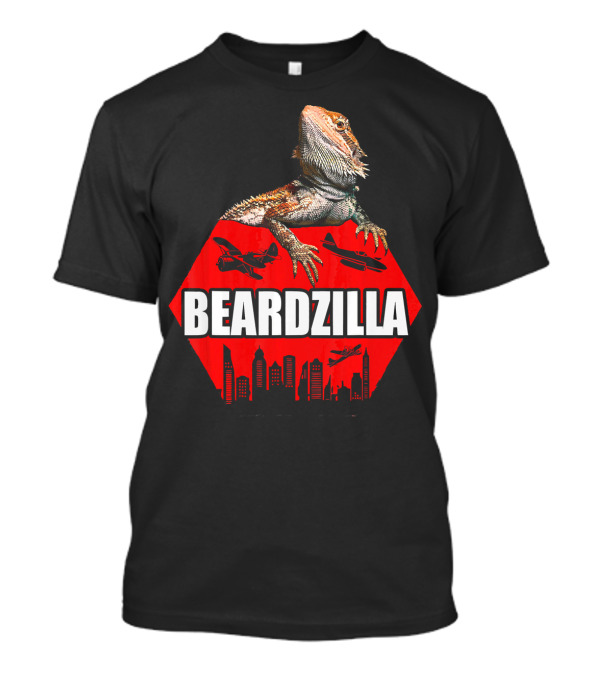 Beardzilla Funny Bearded Dragon Cityscape Airplanes Mock Iconic Monster T-Shirt