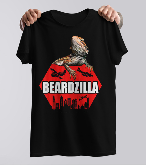 Beardzilla Funny Bearded Dragon Cityscape Airplanes Mock Iconic Monster T-Shirt