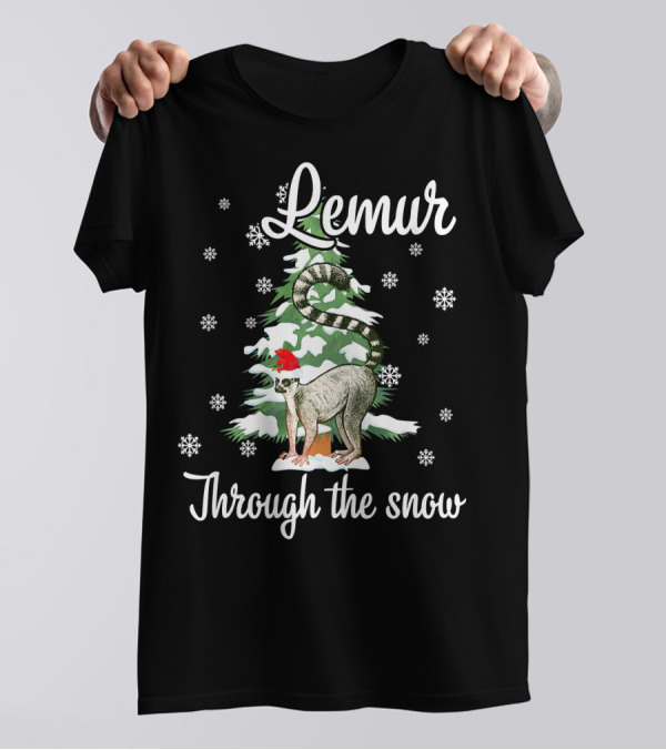 Lemur Through The Snow Santa Hat Christmas Tree Snowflakes T-Shirt