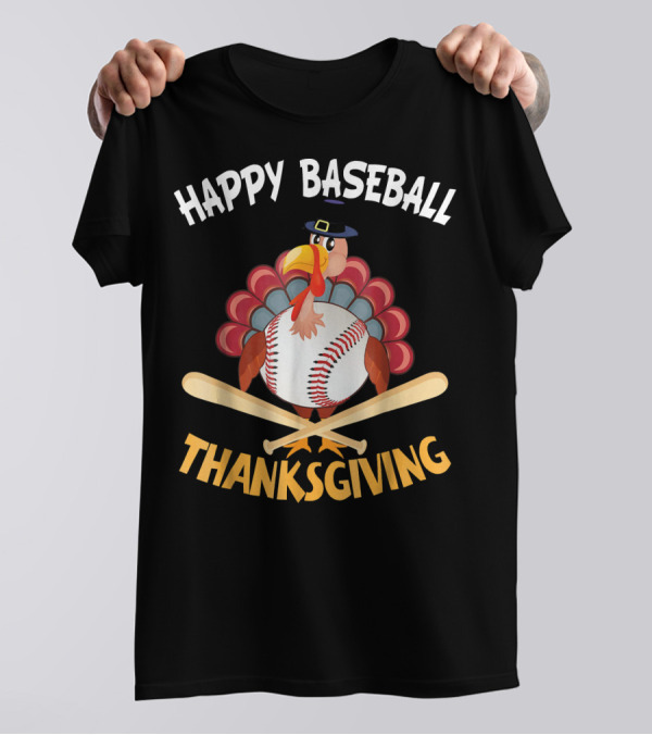 Happy Baseball Thanksgiving Turkey With Baseball And Bats T-Shirt