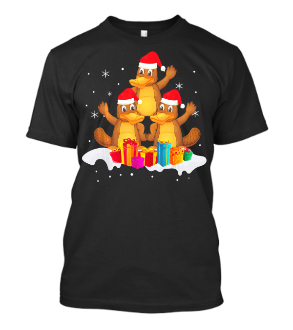 Funny Platypus Christmas Tree Cute Decor With Santa Hats And Gifts T-Shirt
