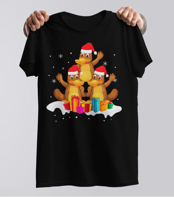 Funny Platypus Christmas Tree Cute Decor With Santa Hats And Gifts T-Shirt