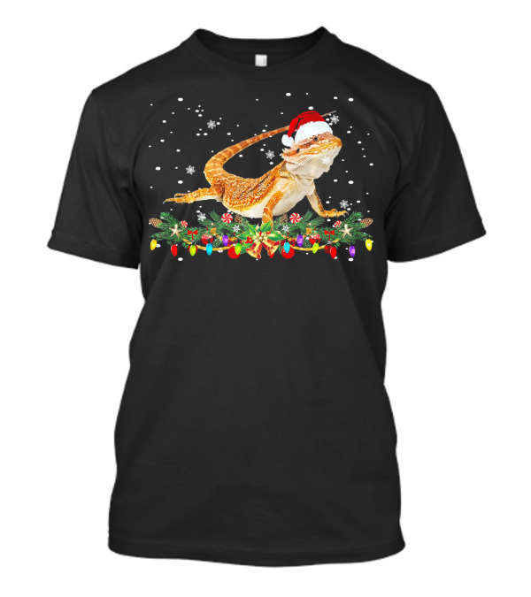 Funny Santa Bearded Dragon With Christmas Lights And Snowflakes T-Shirt