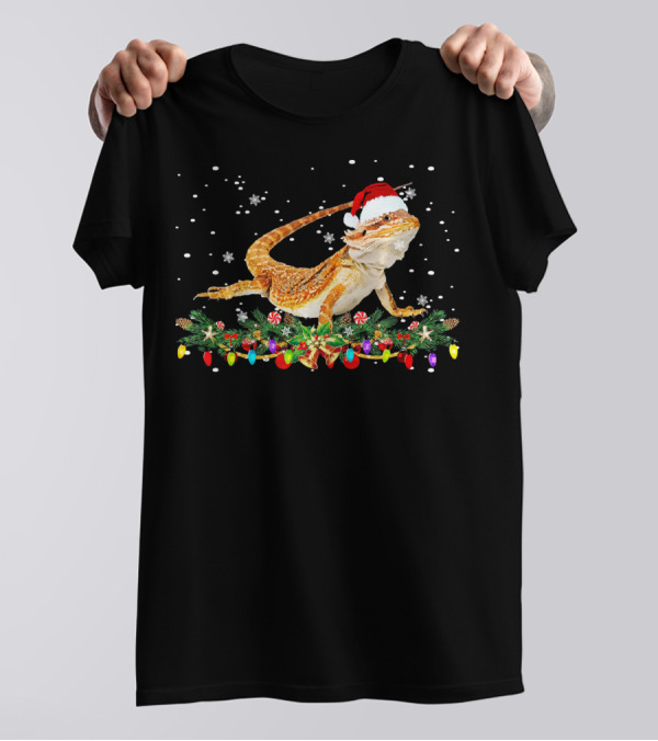 Funny Santa Bearded Dragon With Christmas Lights And Snowflakes T-Shirt