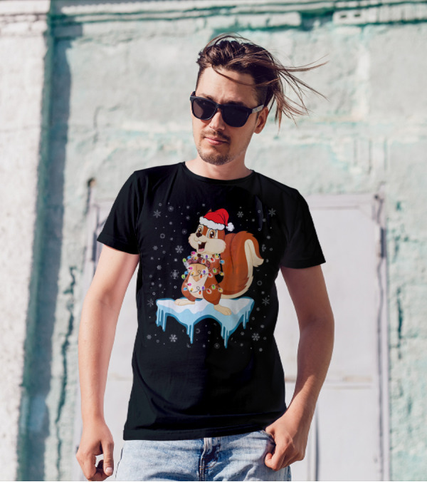 Christmas Squirrel In Santa Hat With Lights On Ice T-Shirt