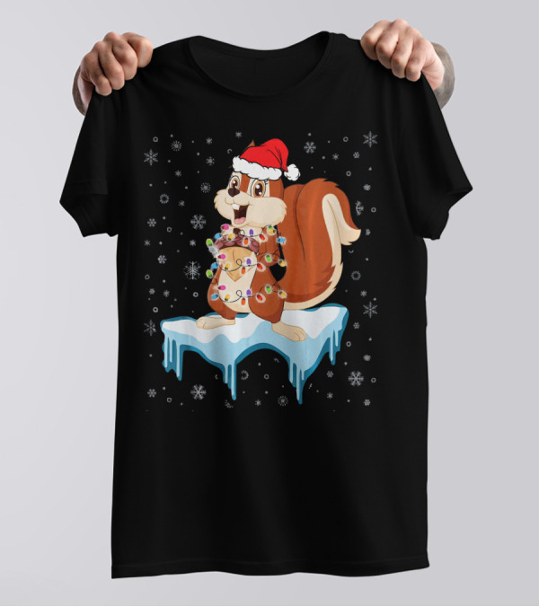 Christmas Squirrel In Santa Hat With Lights On Ice T-Shirt