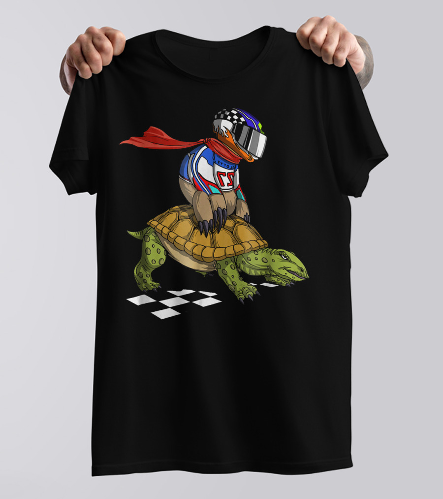 Funny Sloth Racer Riding Turtle Tortoise With Racing Helmet And Checkered Finish Line T-Shirt