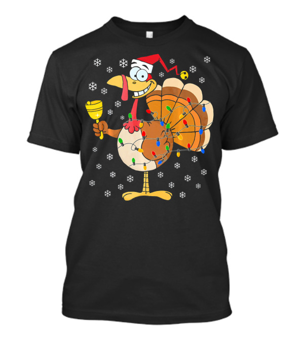 Santa Hat Turkey Wrapped In Christmas Tree Lights With Bell And Snowflakes T-Shirt