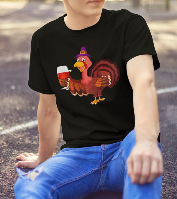 Funny Thanksgiving Turkey With Wine Glass And Pilgrim Hat T-Shirt