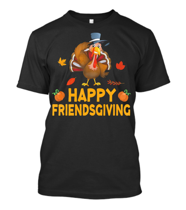 Happy Friendsgiving Funny Cute Turkey With Autumn Leaves And Pumpkins T-Shirt
