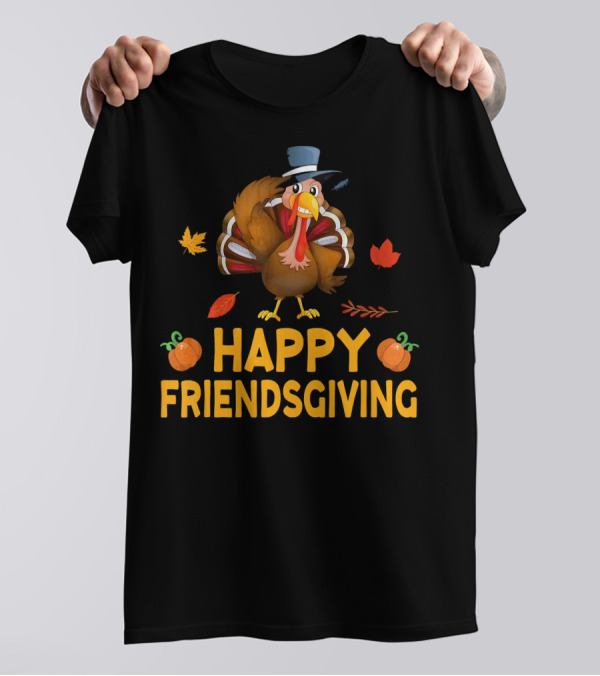 Happy Friendsgiving Funny Cute Turkey With Autumn Leaves And Pumpkins T-Shirt