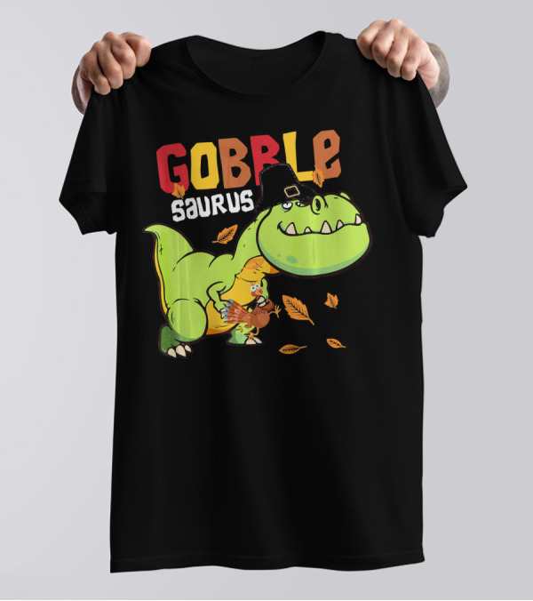 Gobble Saurus Dinosaur Turkey Pilgrim Hat Fall Leaves T-Shirt