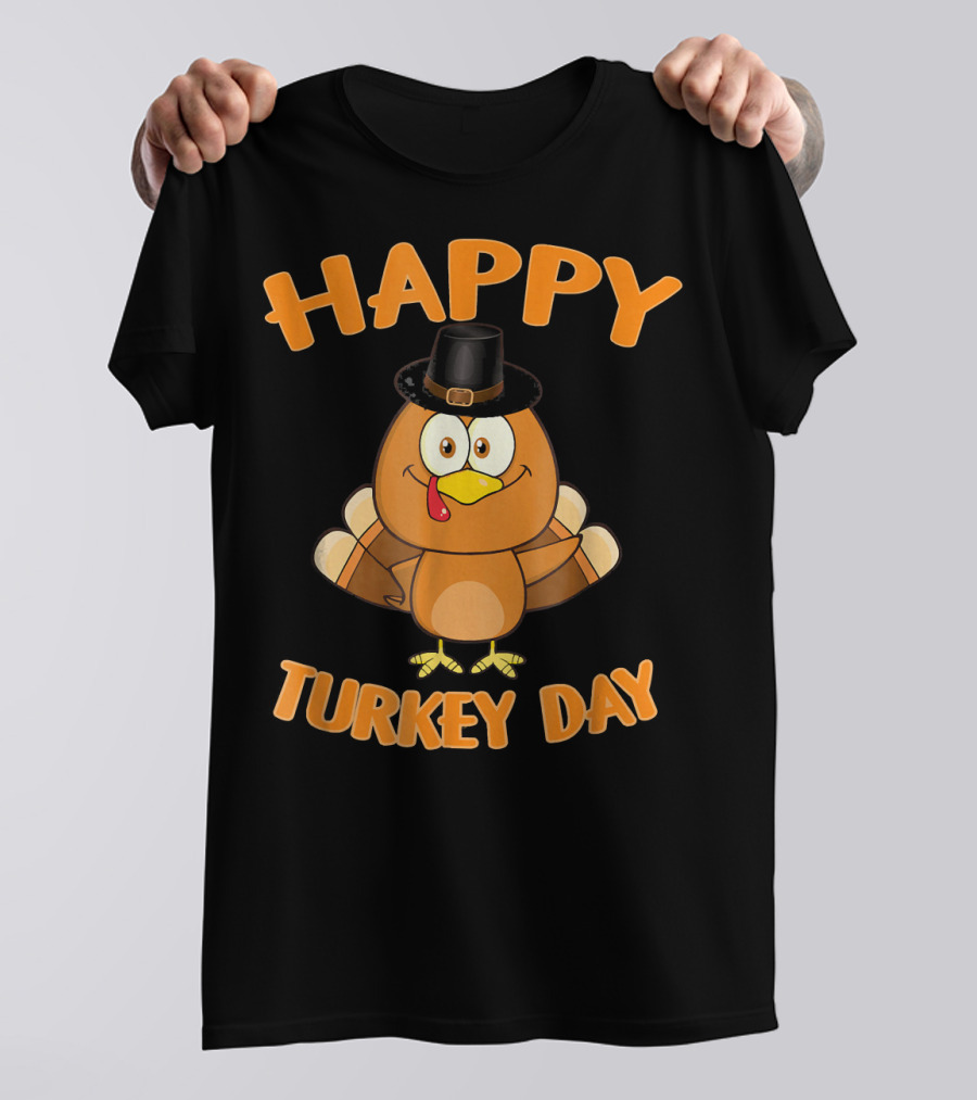 HAPPY TURKEY DAY Thanksgiving Cartoon Turkey With Pilgrim Hat T-Shirt