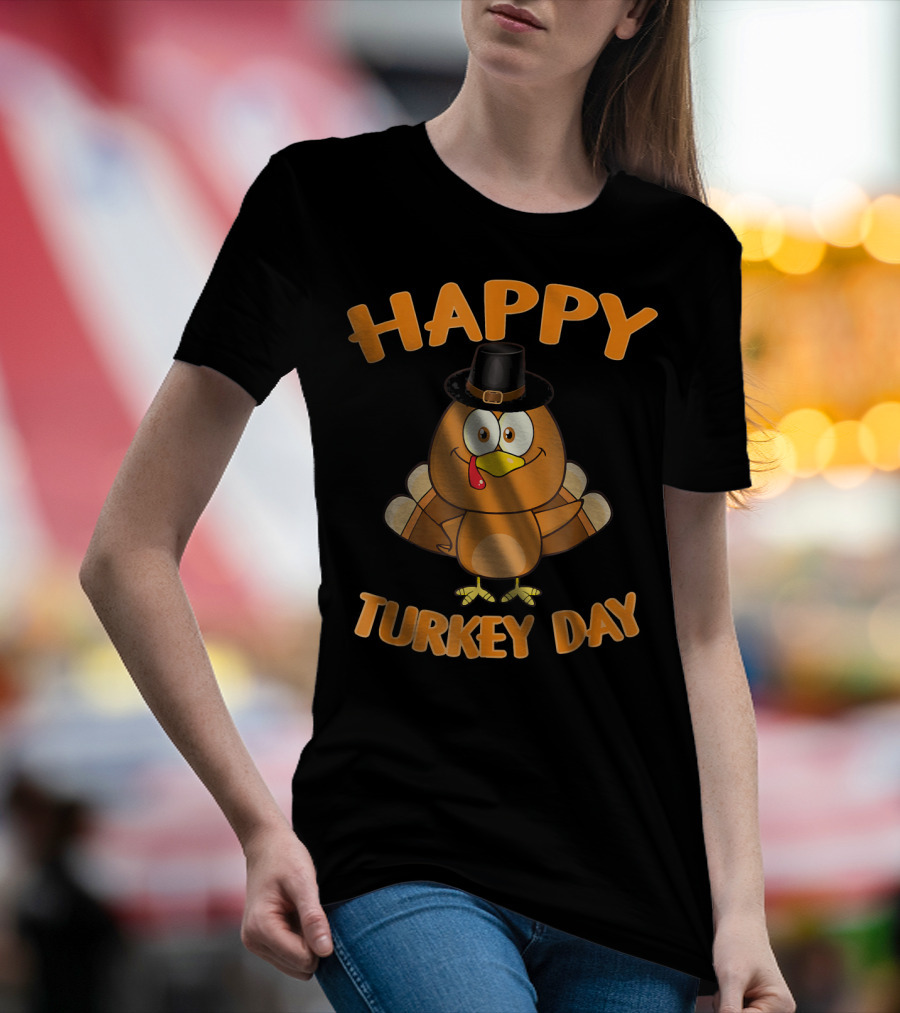HAPPY TURKEY DAY Thanksgiving Cartoon Turkey With Pilgrim Hat T-Shirt