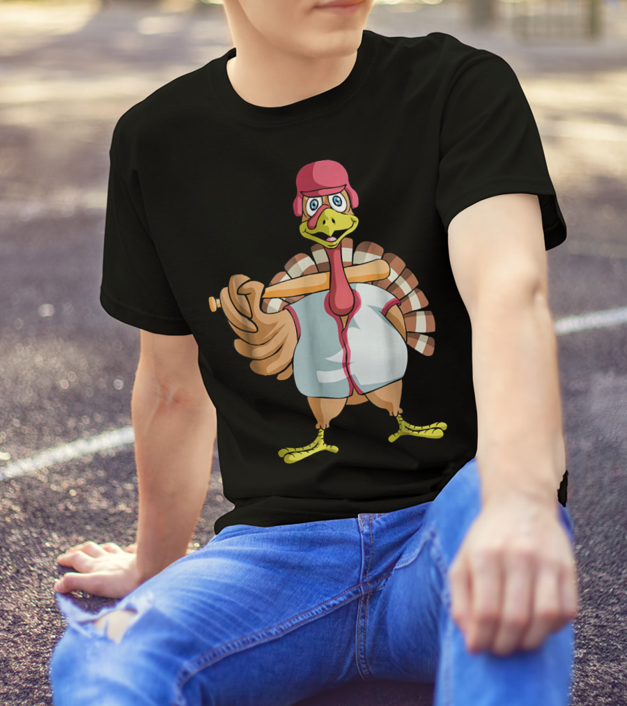 Funny Turkey Baseball Player Thanksgiving Batter T-Shirt